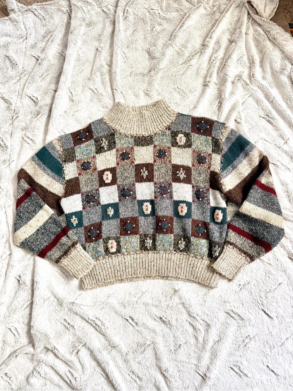 The Limited Patchwork Checker Turtleneck Sweater in Cream, Brown, Teal and Gray